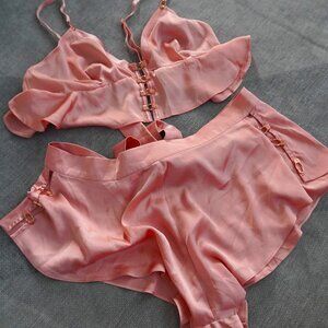 Honey Birdette Melissa Blush Satin Bra & Shorts Set Rose Gold Hardwear Size M/M
